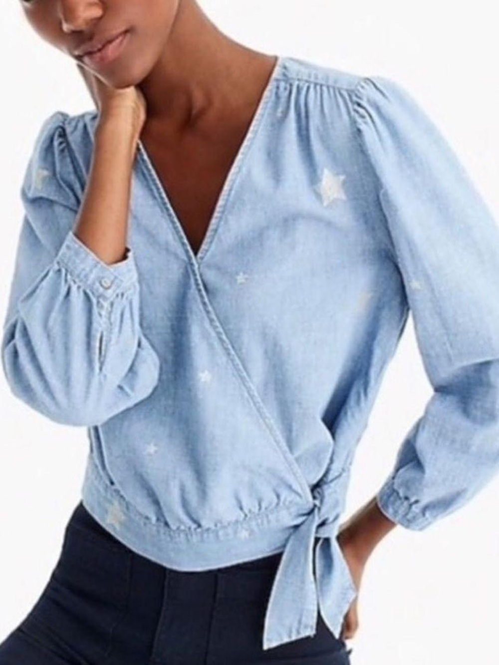 J Crew Denim Light Blue Star-Embroidered Wrap Top - Women's 100% Cotton
